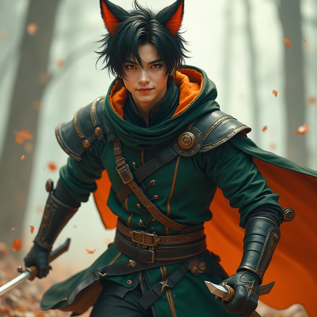 Playful Kitsune Rogue Assassin in Dark Fantasy Armor