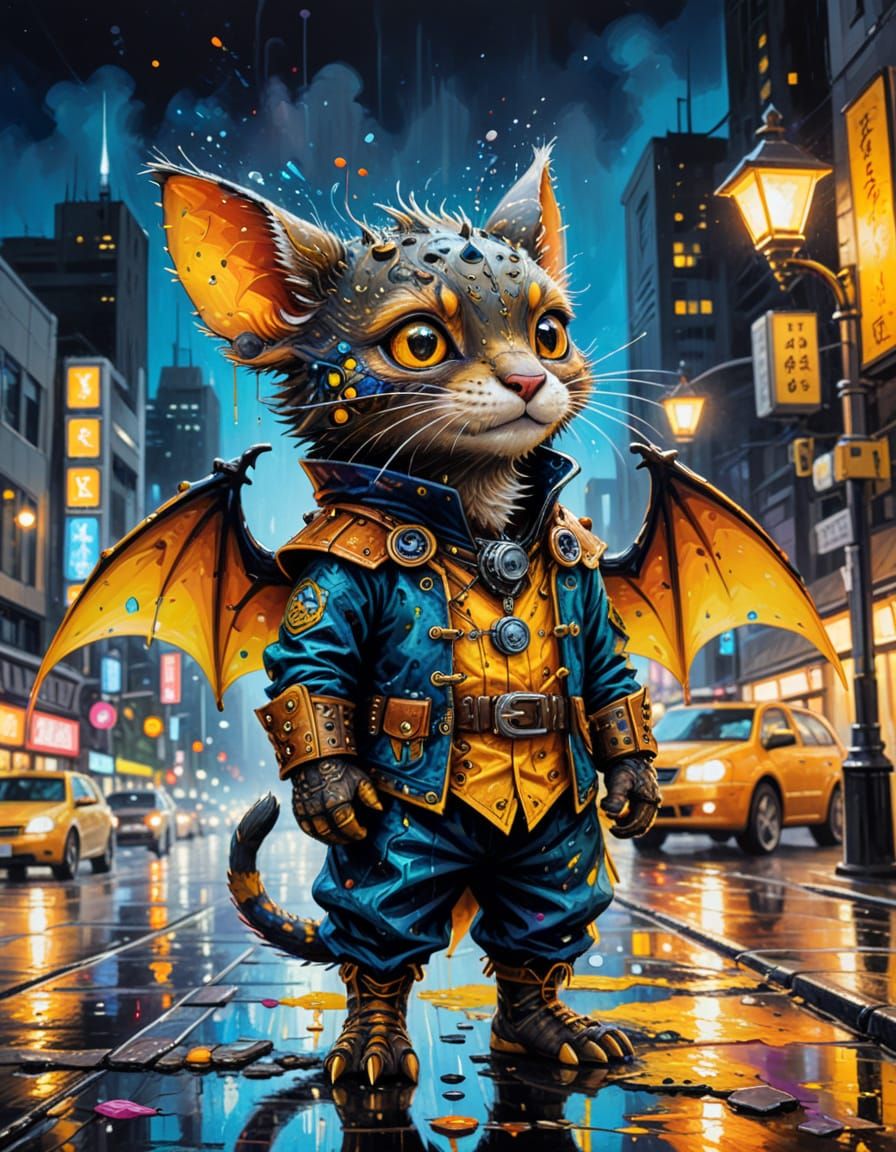 Steampunk Buffalo as Cat in Tokyo Night