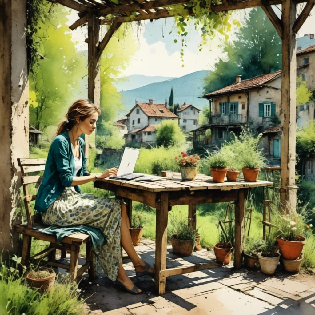 Woman in Garden Pergola with Laptop in Aquarelle Style
