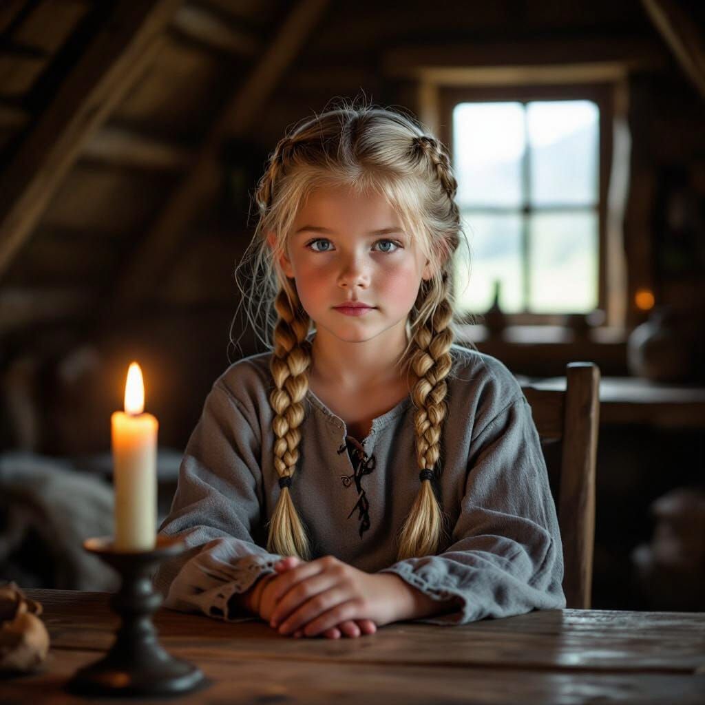 Viking Girl in Candlelit Hut, Cinematic Film Still