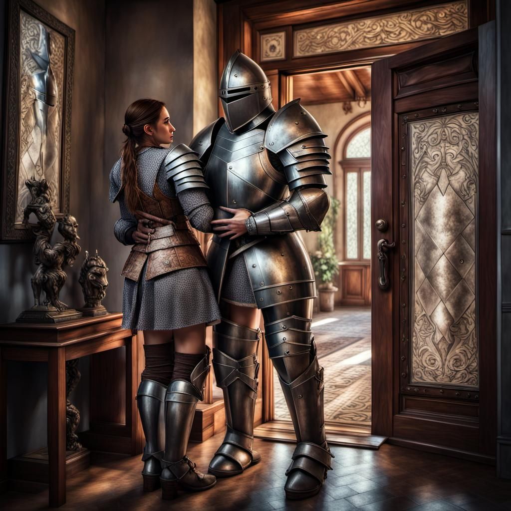 Woman Welcomes Armored Knight Home: Hyperrealistic Image