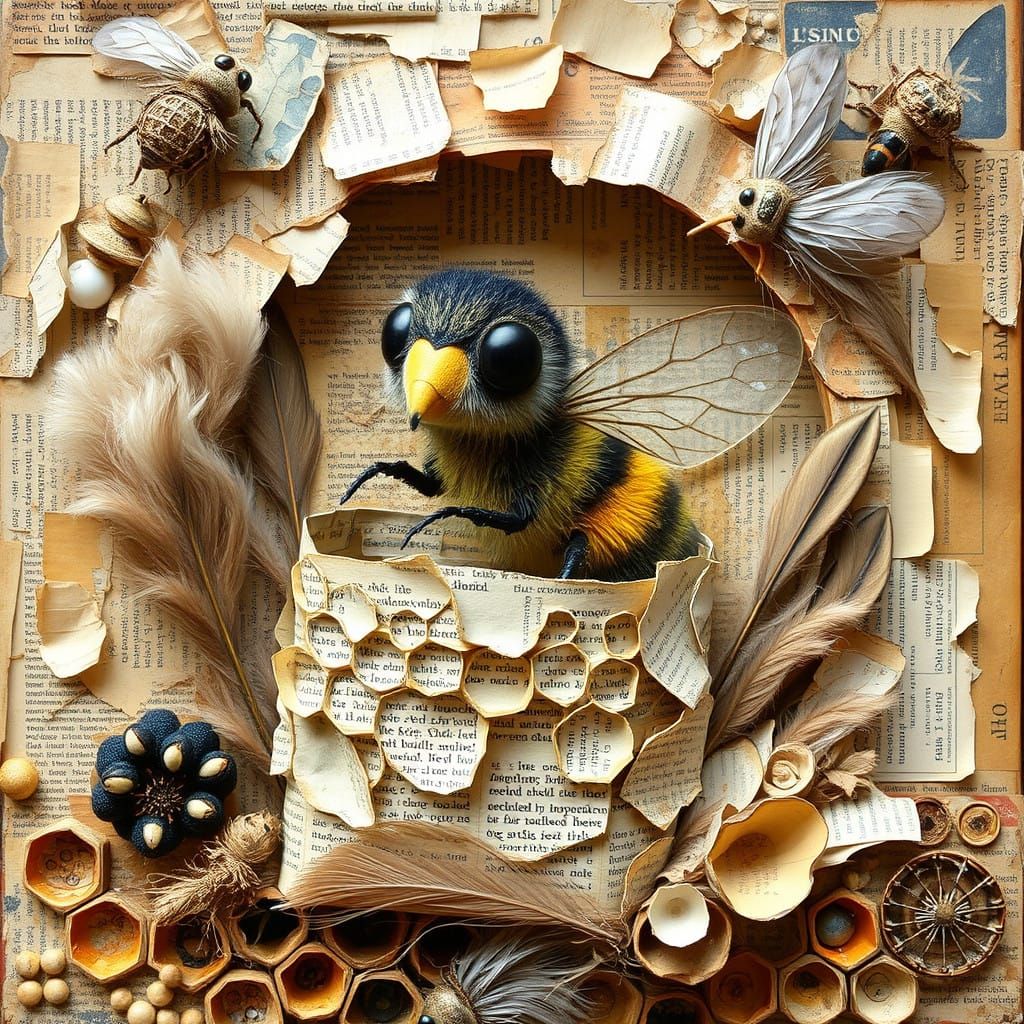 bee, collage with feathers and newspaper