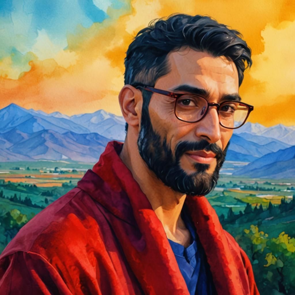 Handsome Man in Red Velvet Bathrobe, Alcohol Ink Portrait