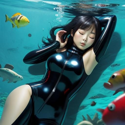 Asian Woman in Leather Catsuit Sleeping Underwater