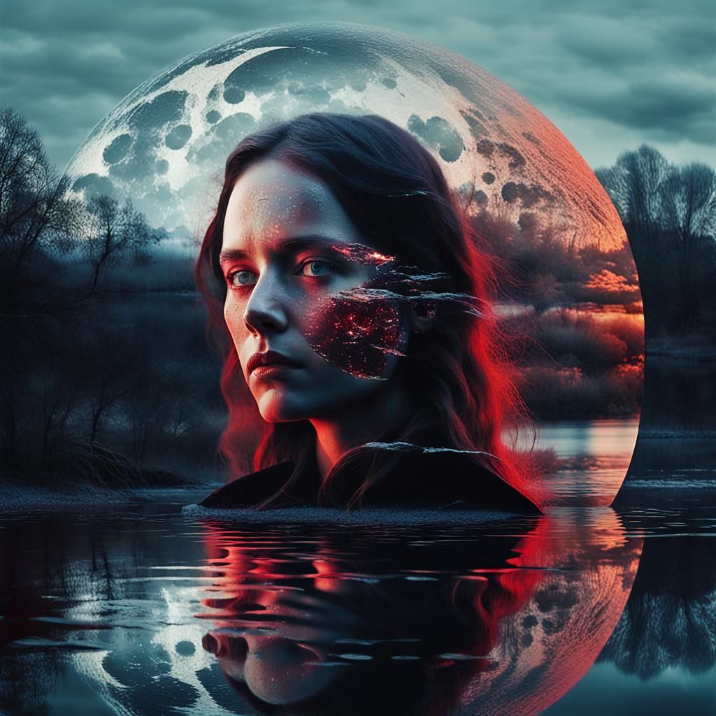 Mystical Gaze: Prismatic Portrait on Moonlit River