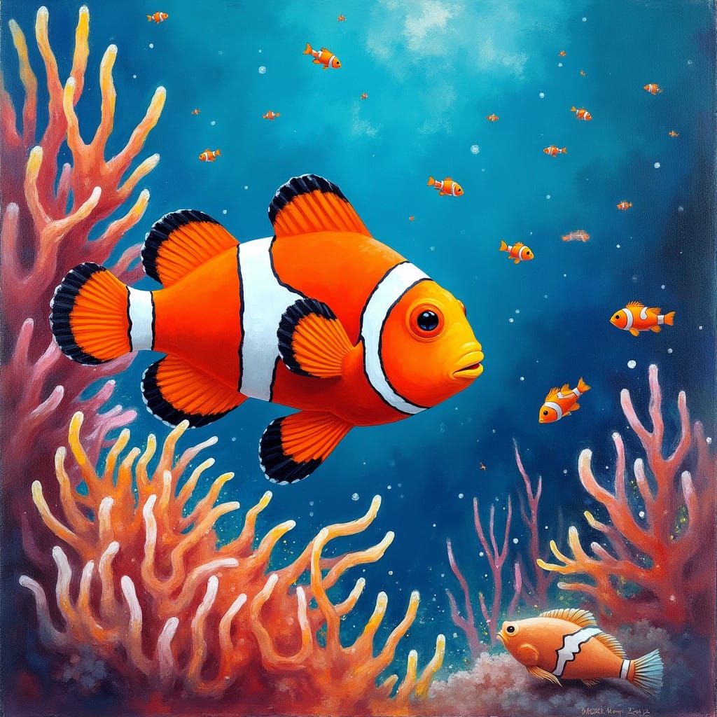 Vibrant Orange Clown Fish in Abstract Coral Reef