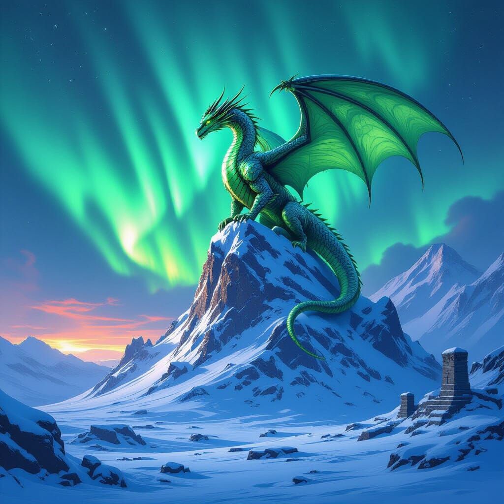 Ancient Dragon on Mountain Peak Under Aurora