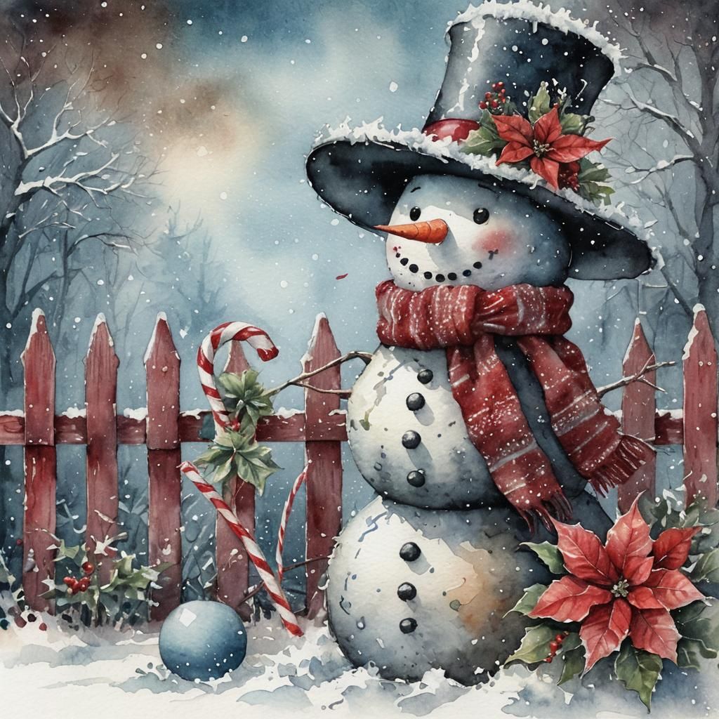 Whimsical Watercolor Snowman with Top Hat and Scarf