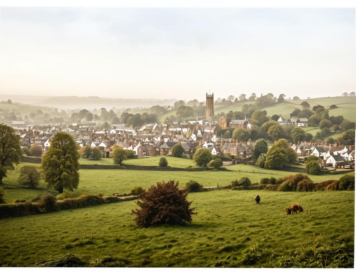Foggy Victorian Town with Tower on a Hill