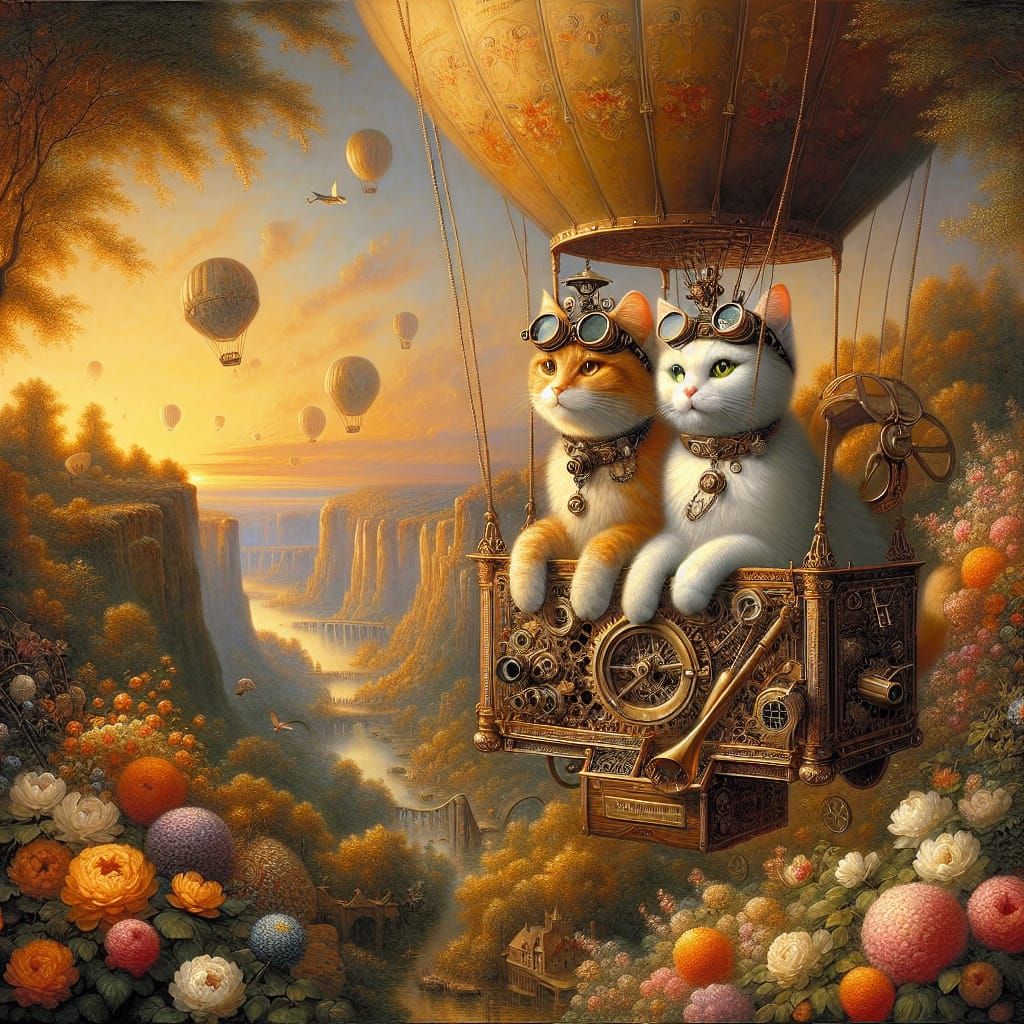 Steampunk Cats in a Hot Air Balloon: Post-Impressionist Oil