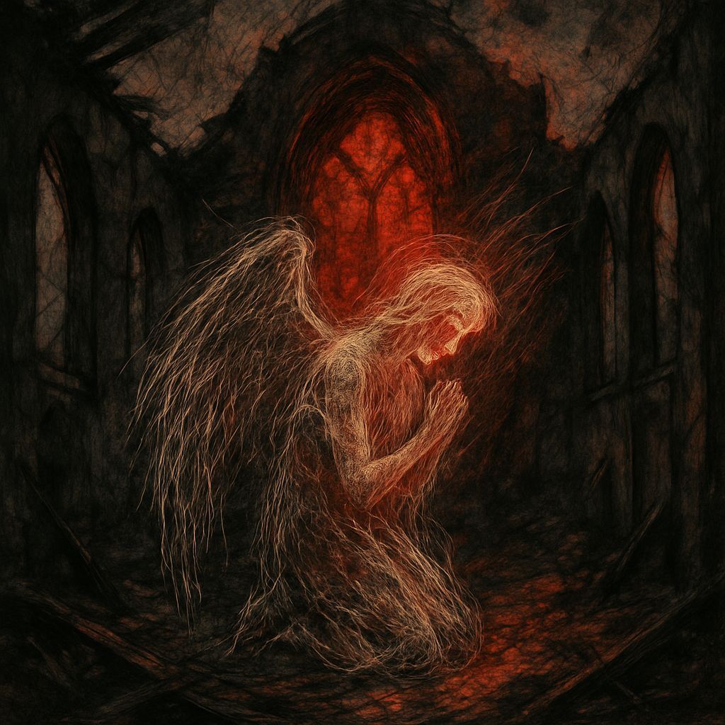 Haunting Angel Kneeling in Burnt Church Ruins