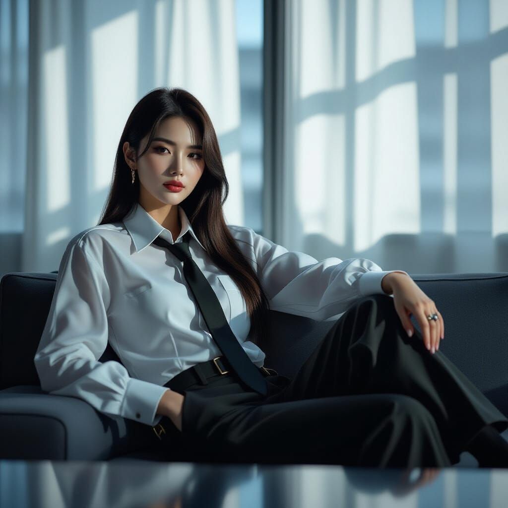 Masculine Korean Woman in Stylish Office Attire