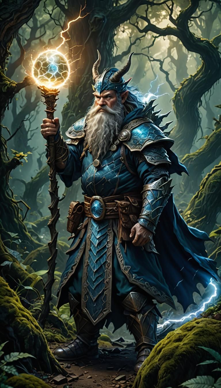 Dwarf Wizard Casting Lightning in Mystical Forest
