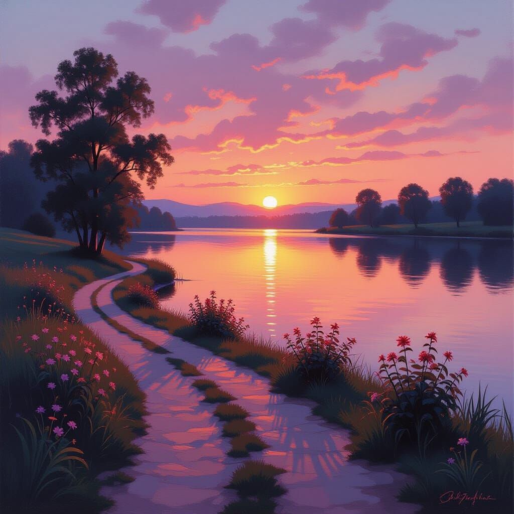 Peaceful Sunset Lake Landscape in Impressionistic Style