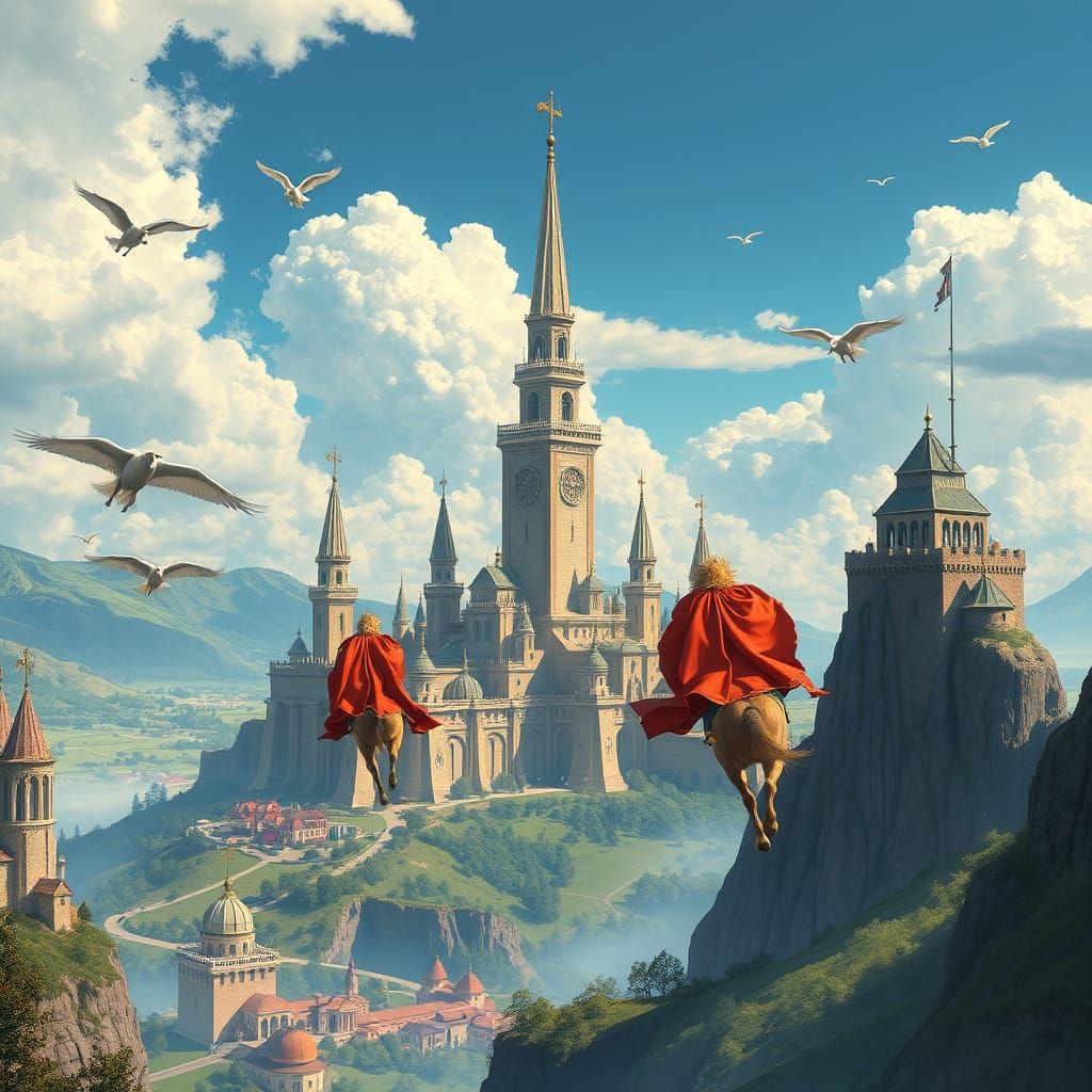 Flying Horses Over a Gothic Cityscape