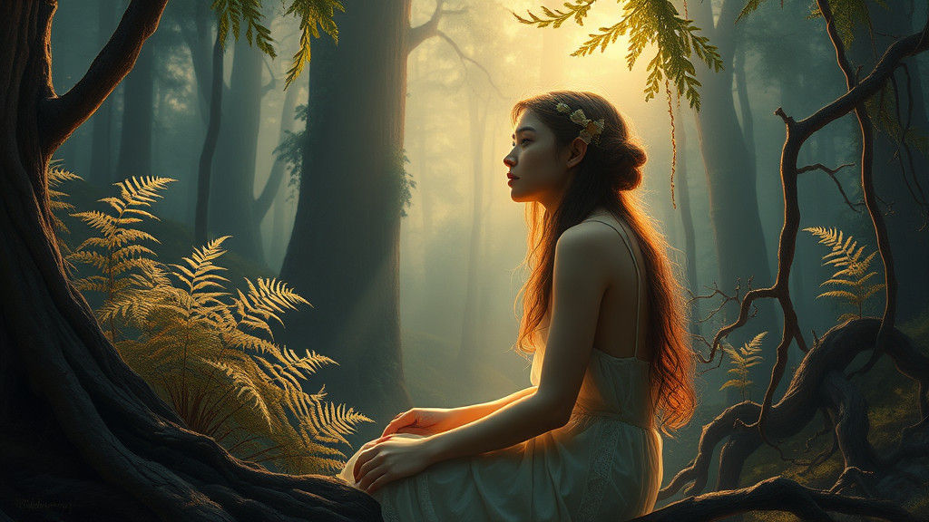 Ethereal Woman in Misty Forest Landscape