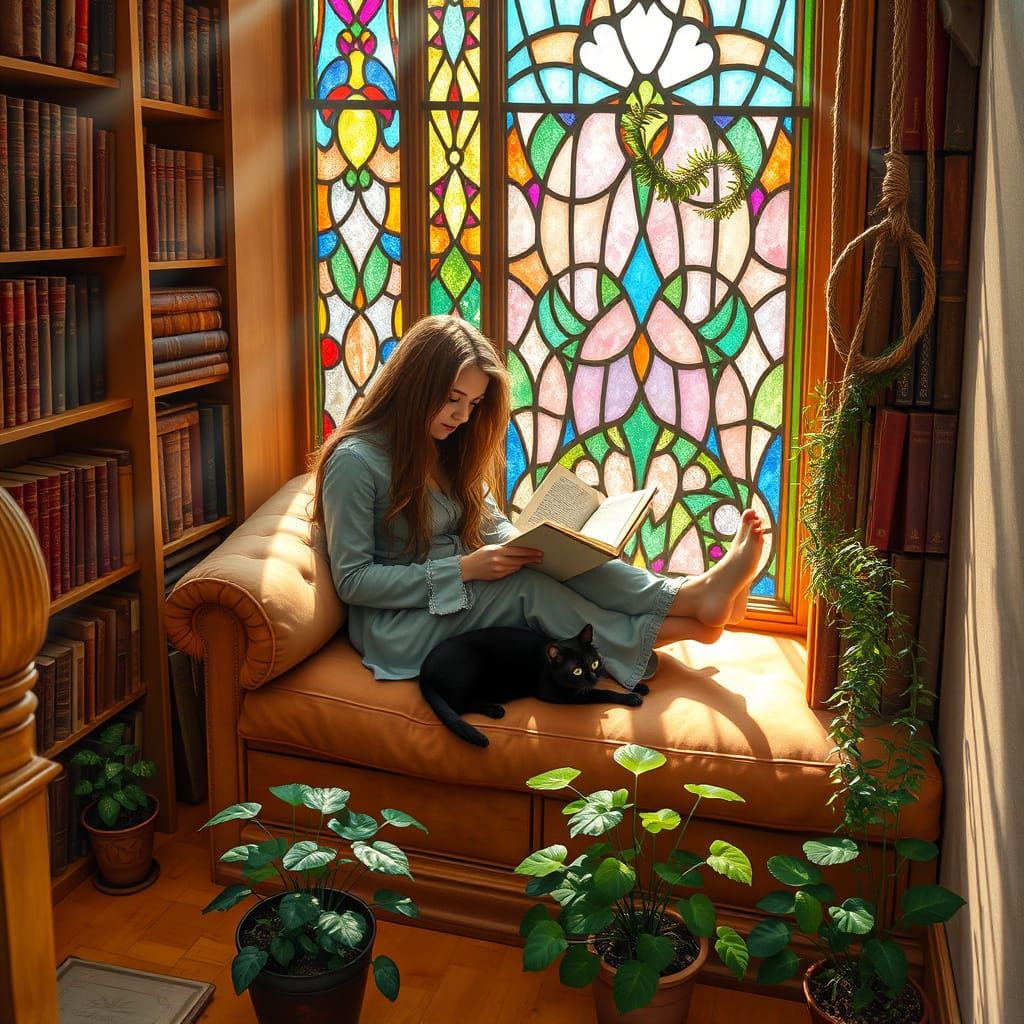 Cozy Victorian Reading Nook with Pre-Raphaelite Aesthetic
