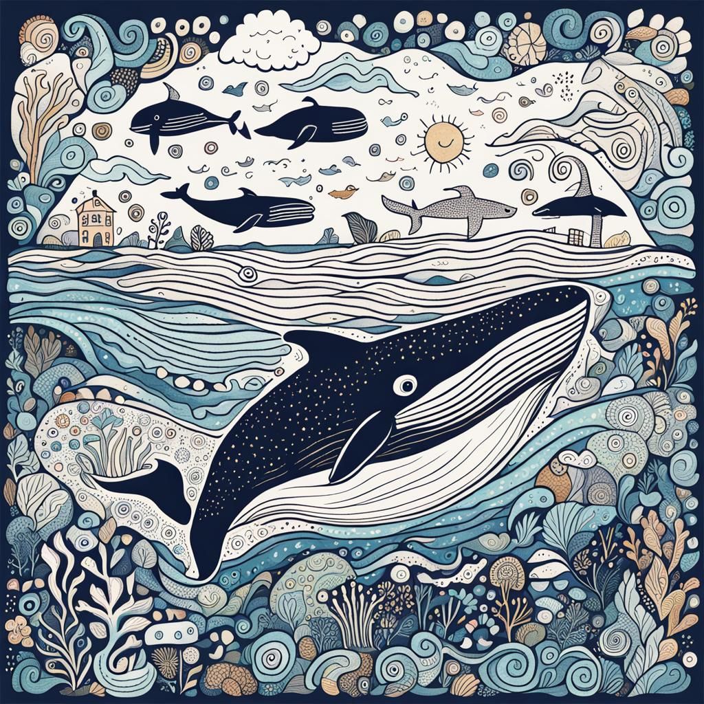 Whale in Naive Folk Art Doodle Style