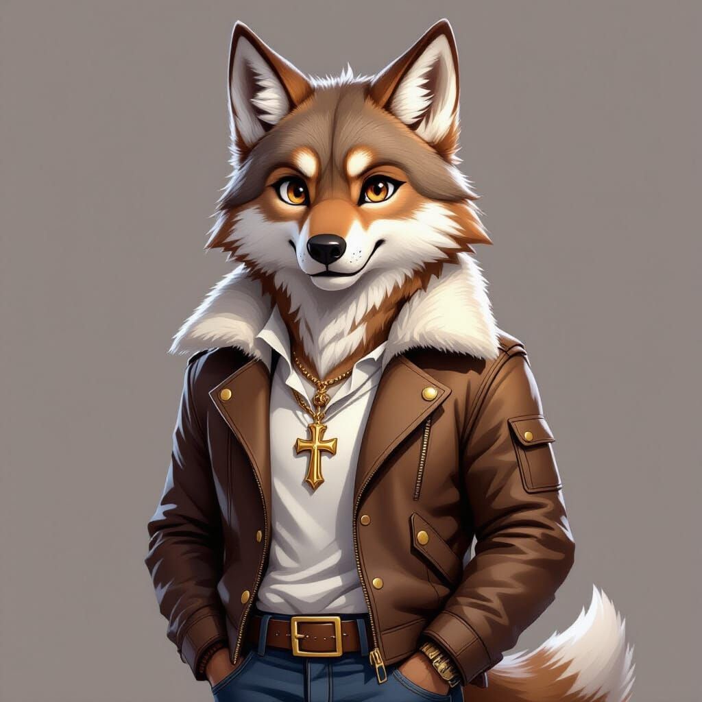 Anthropomorphic Wolf in Jacket with Golden Cross