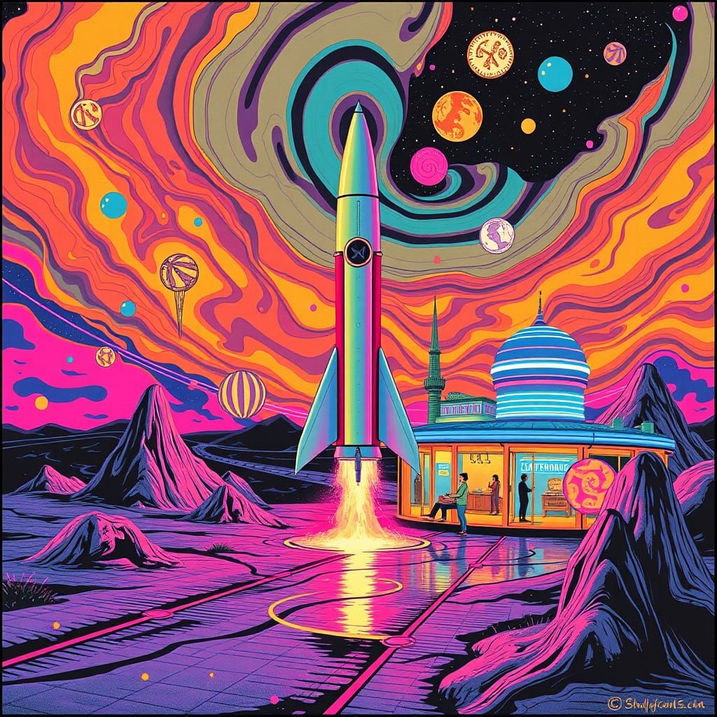 Cosmic Roadside Diner Under a Psychedelic Sky