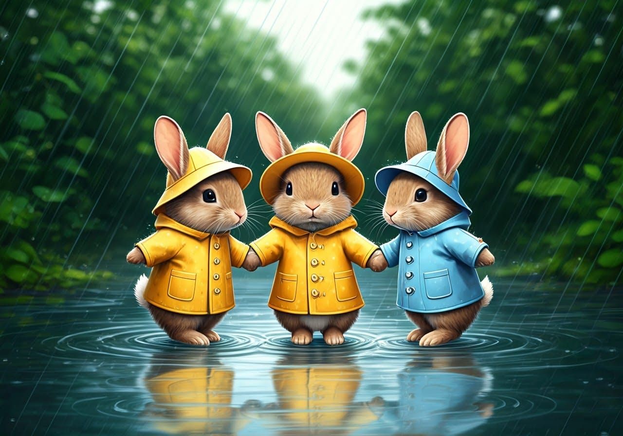 Whimsical Rabbits Play in Rainy Day Circle