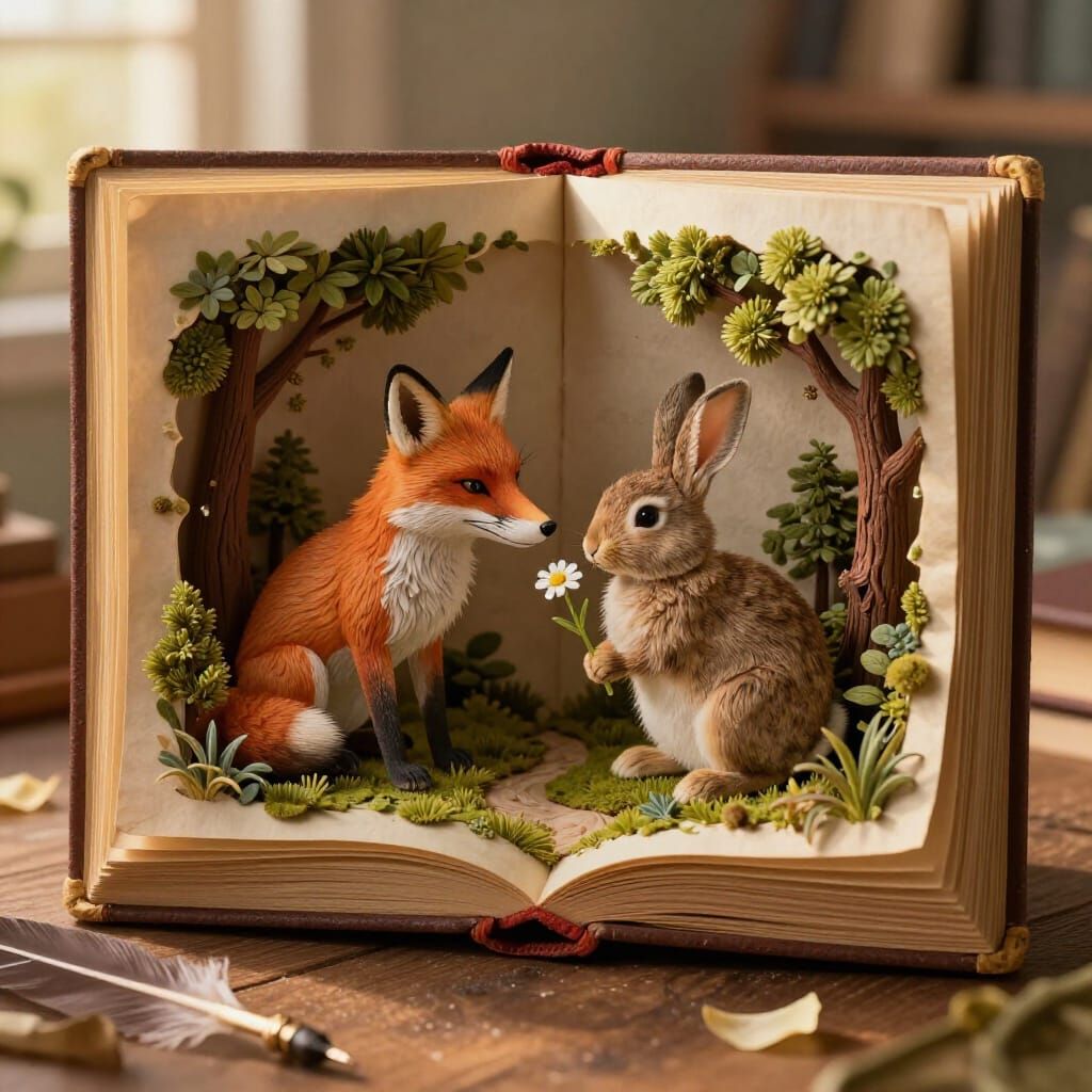 Fox and Rabbit Diorama Inside Antique Storybook