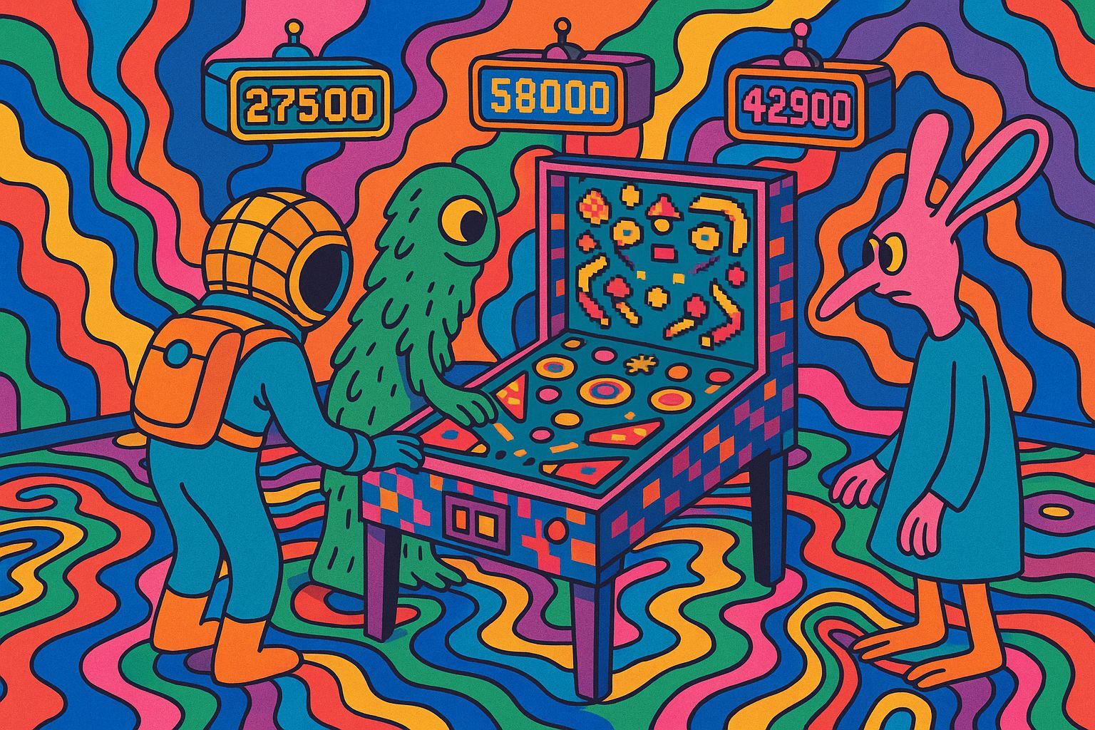 Psychedelic Pinball in a Surreal Arcade