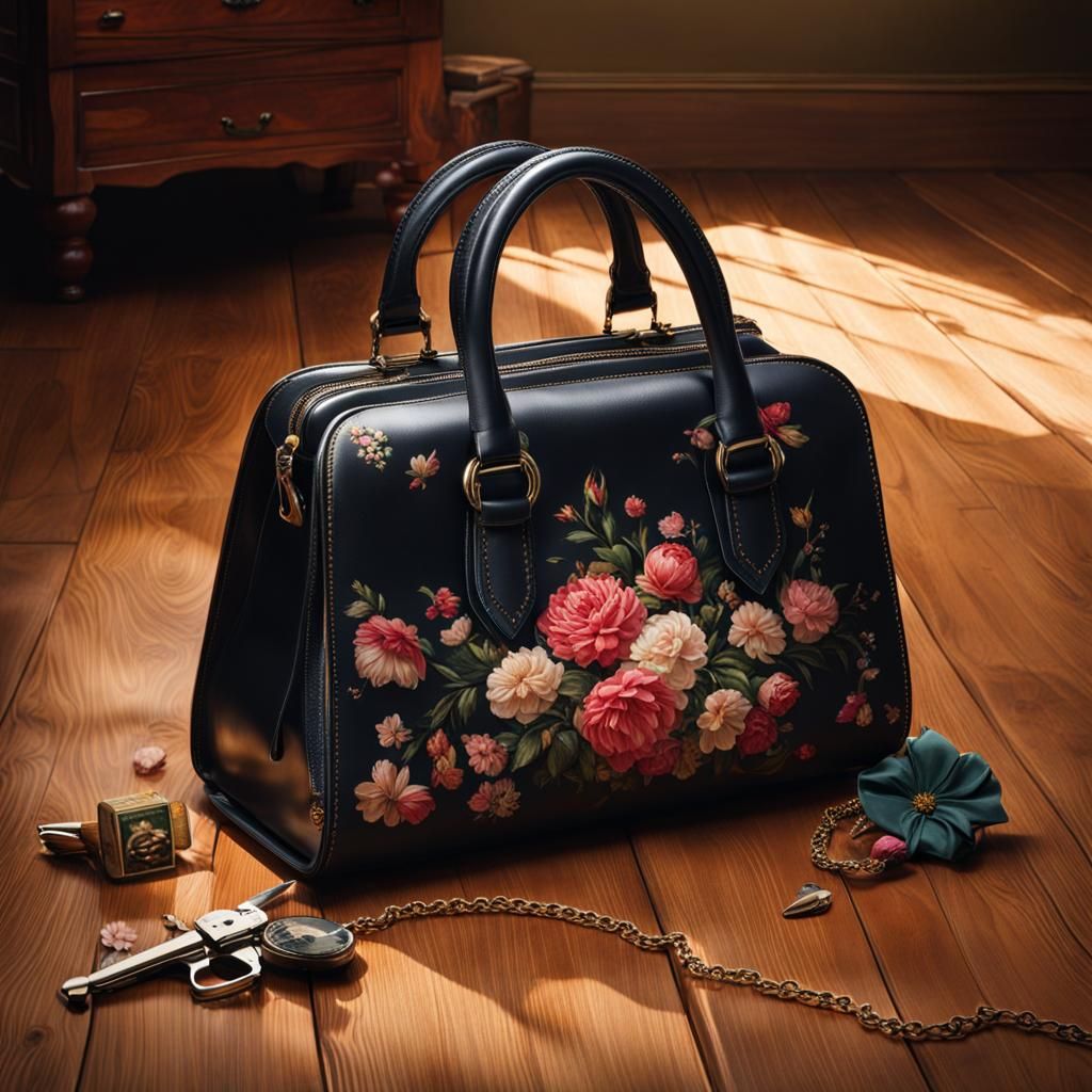 Sinister Floral Handbag Art on Wooden Floor