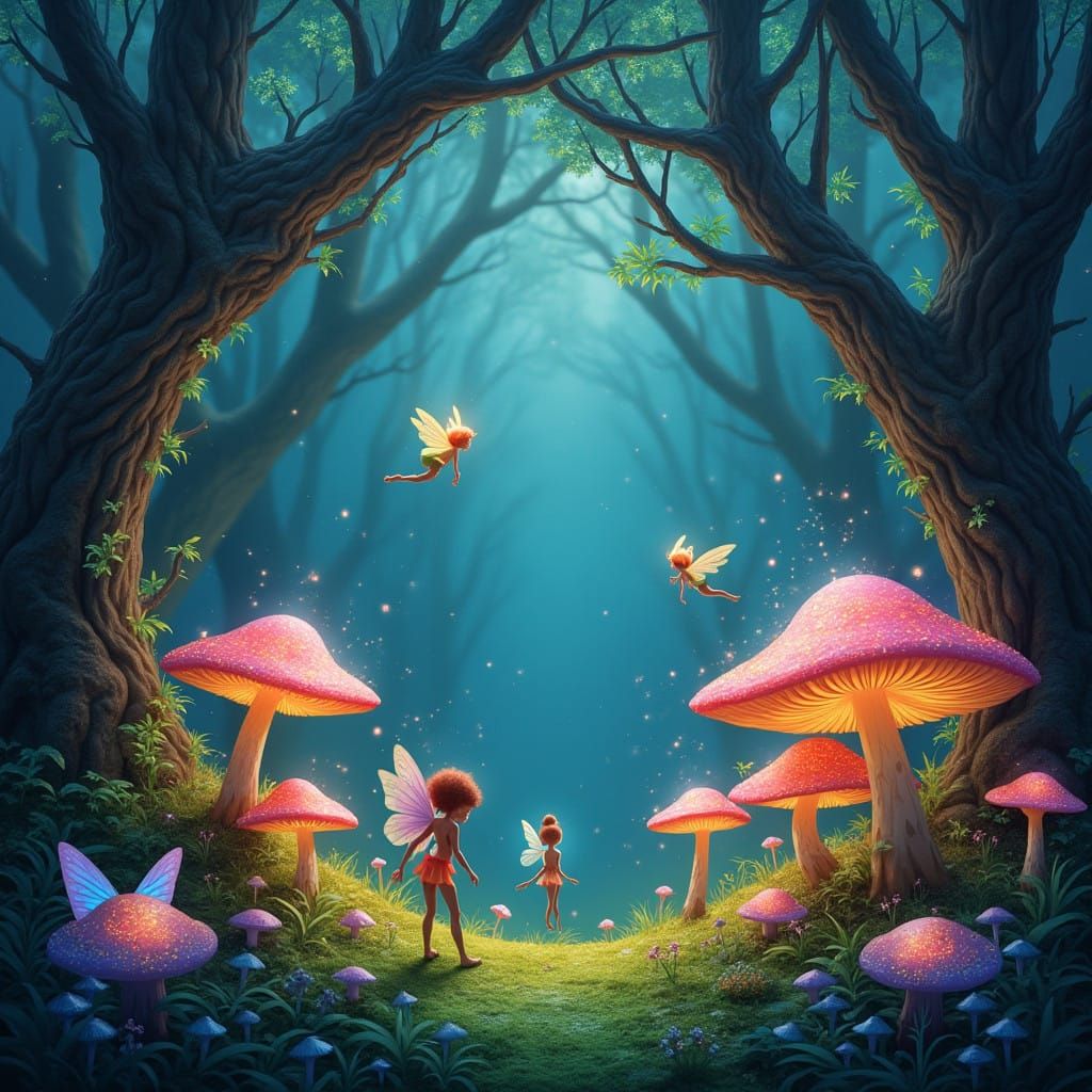 Whimsical Fairies Dance Among Glowing Mushrooms in a Dreamli...