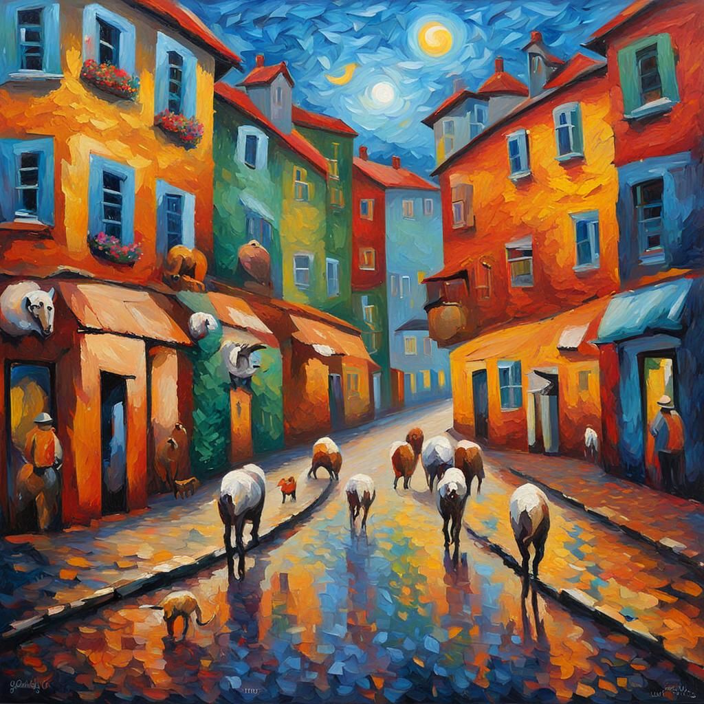 Animals Populate Street in Neo-Impressionist Painting