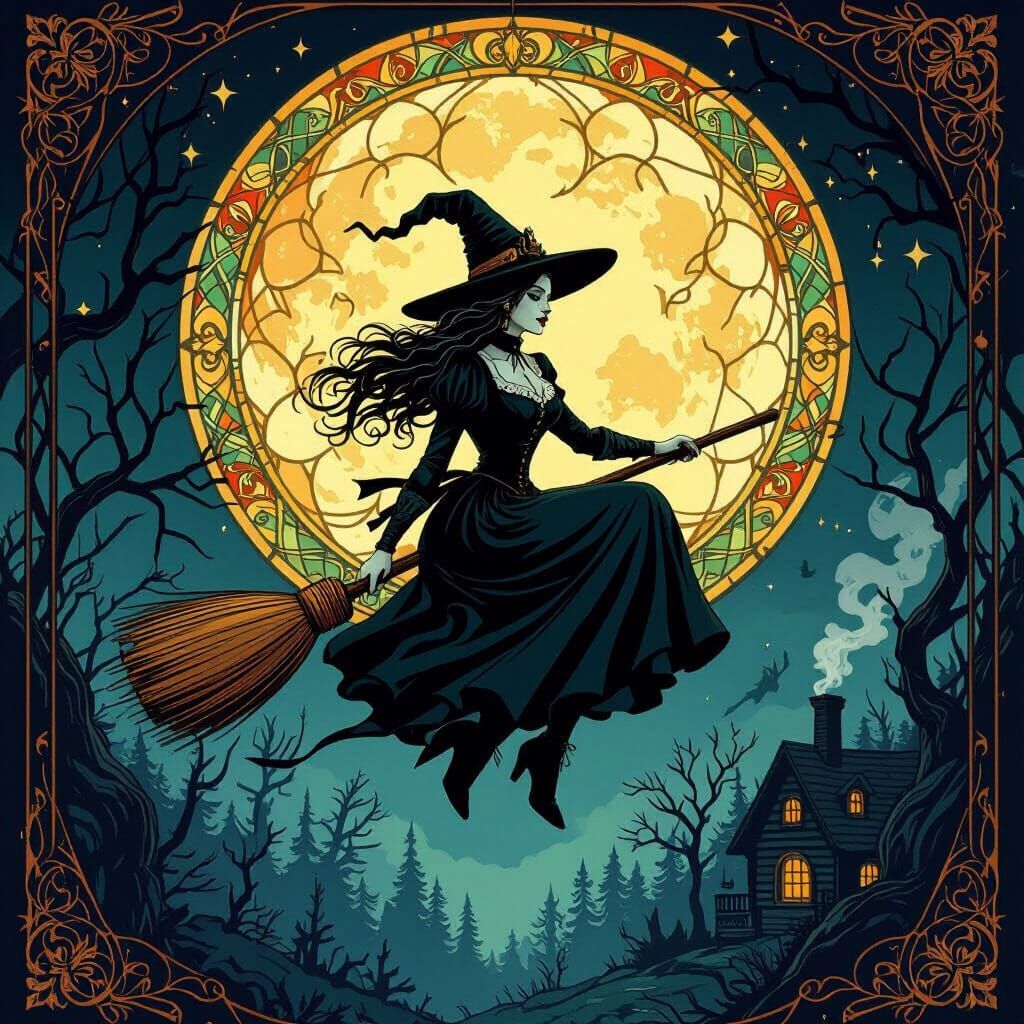 Art Deco Moon Witch Over Spooky Forest in Victorian Style