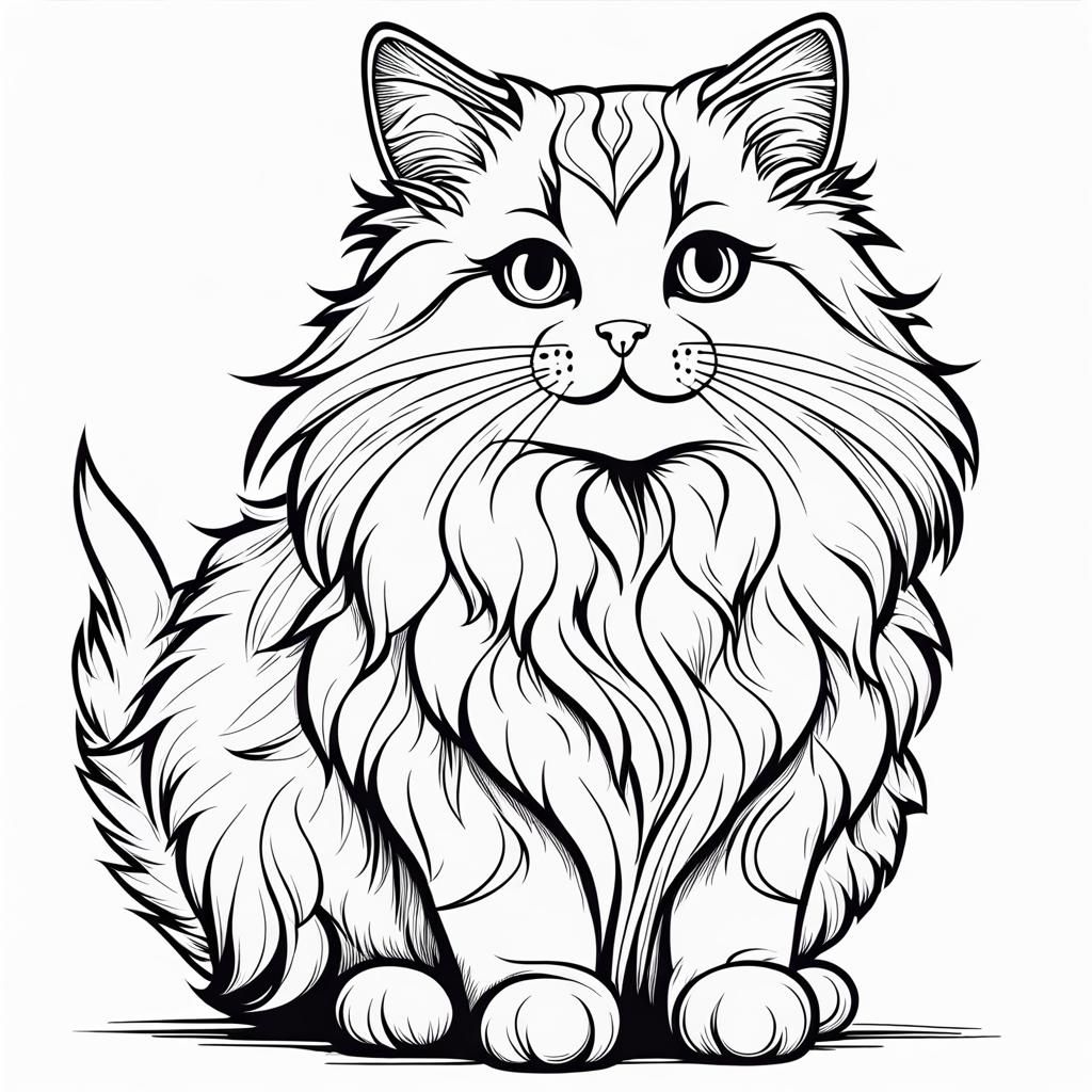 Simple Coloring Book Illustration of a Fluffy Cat