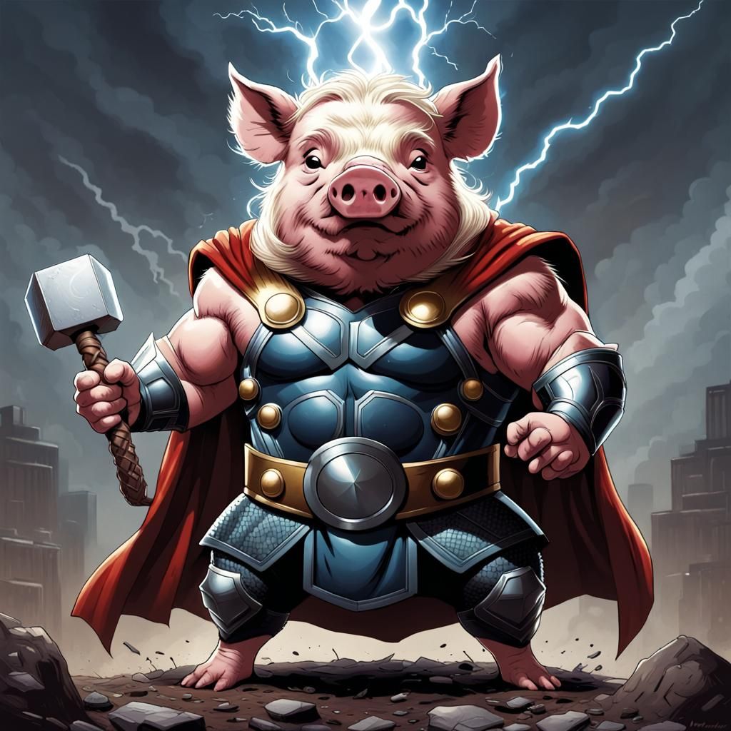 Pot-Bellied Pig as Thor: Comic Book Art