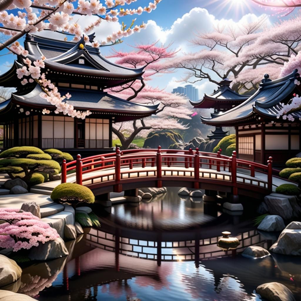 Japanese Garden with Cherry Blossoms in Spring
