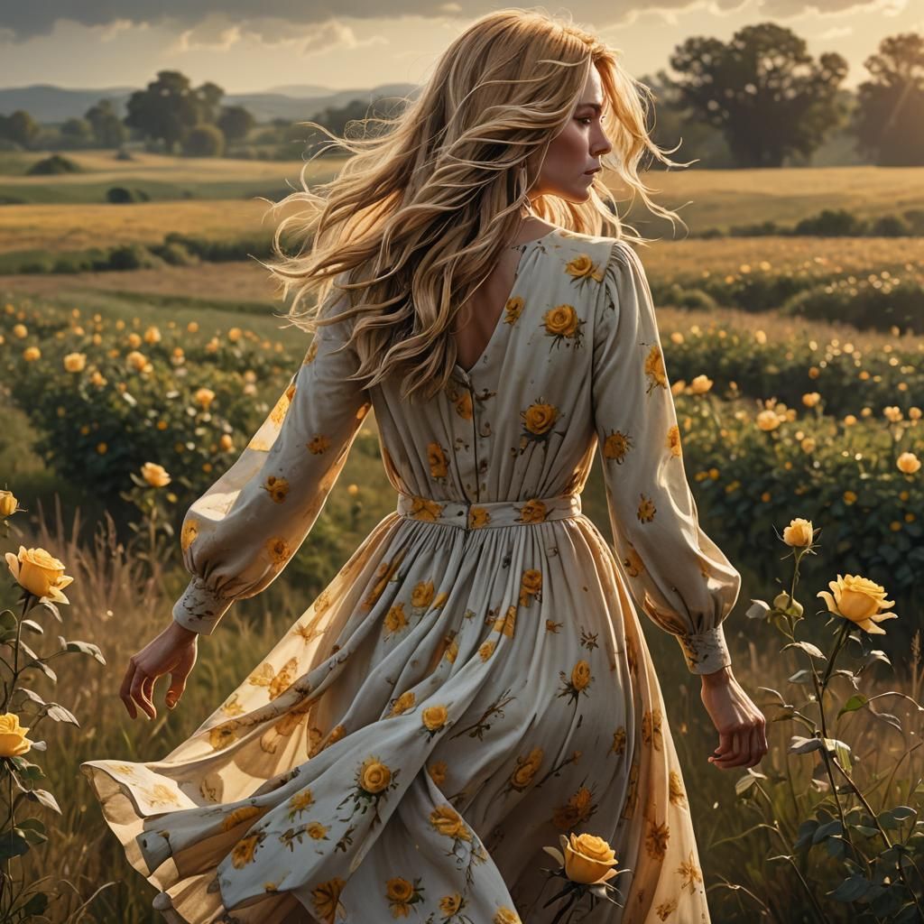 Woman in Rose Dress Fantasy Landscape