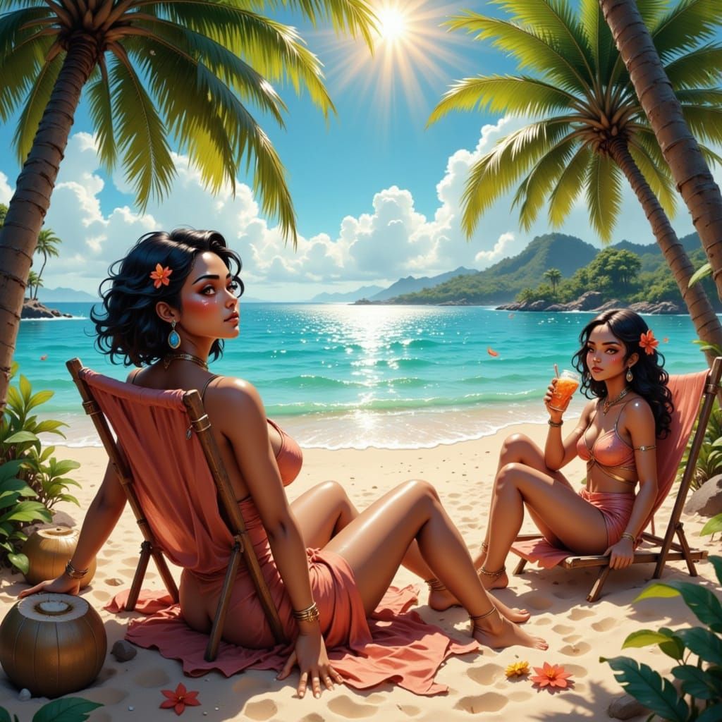 Women Enjoying a Beach Day in Hyperrealistic RPG Style