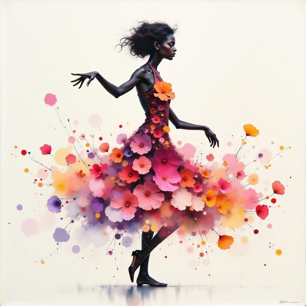 Dancing Figure Made of Flower Petals and Water in Watercolor...