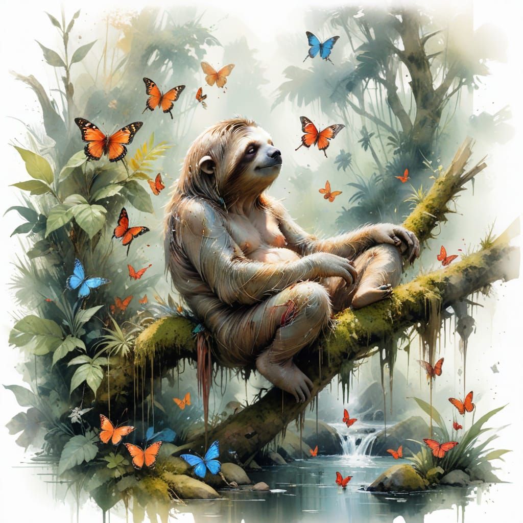 Sloth Resting on Mossy Branch in Misty Jungle