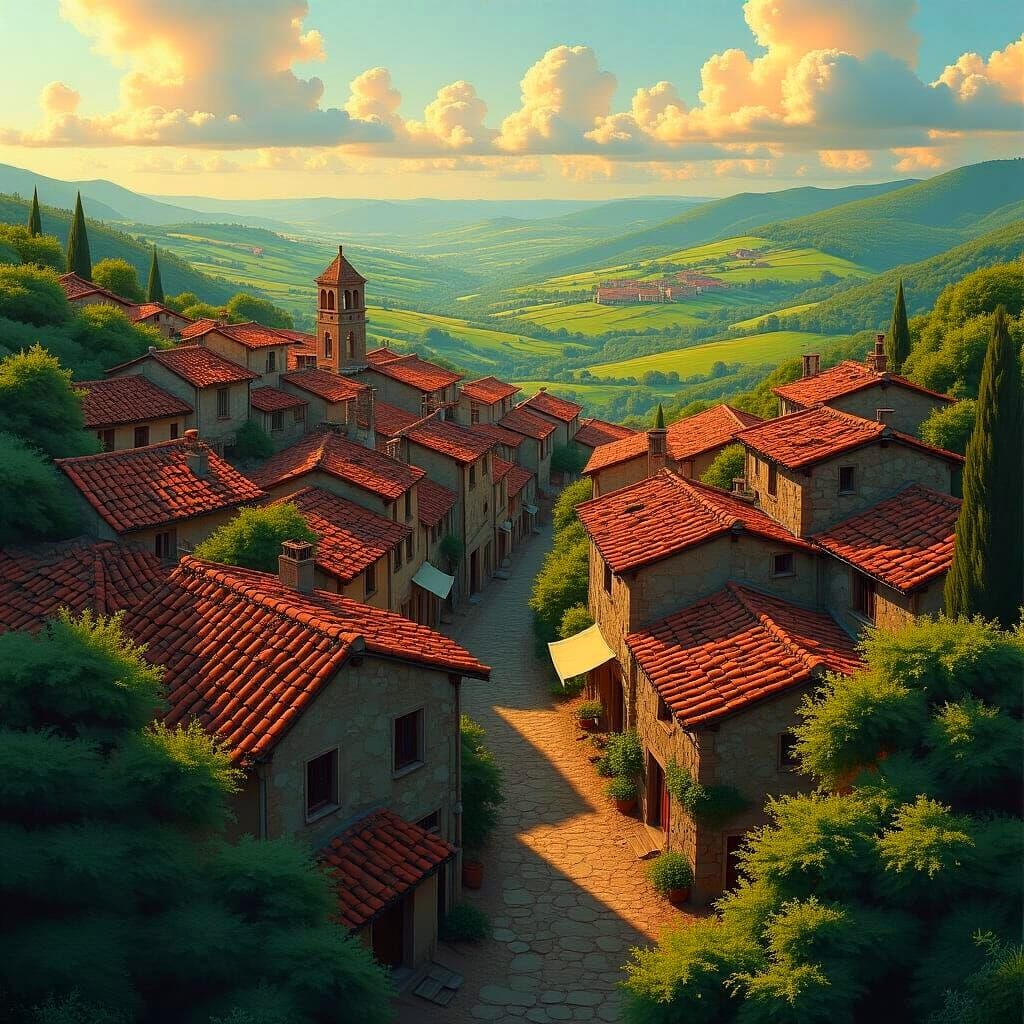 Photorealistic Aerial View of a Rustic Village