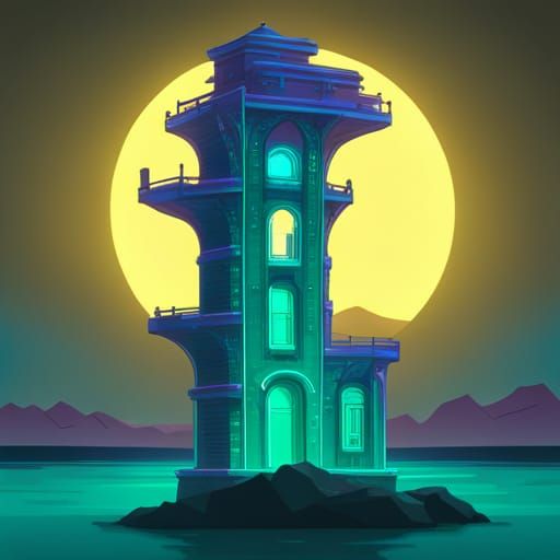 Jade Wizard Tower in Synthwave Neon Style