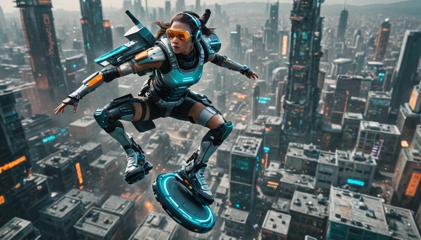 Cyberpunk Hoverboard Rider in Futuristic Cityscape
