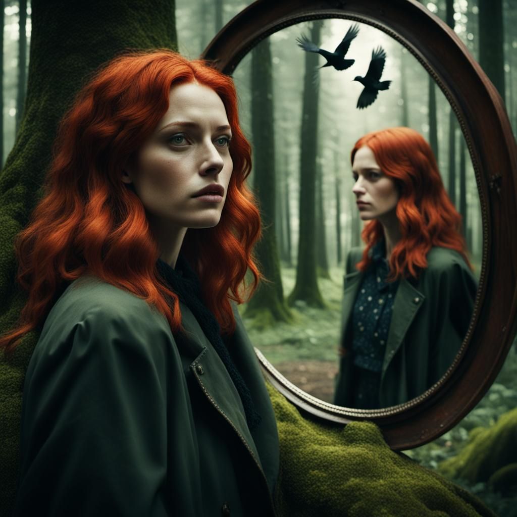 Red-Haired Girl's Reflection Flees in Forest Mirror