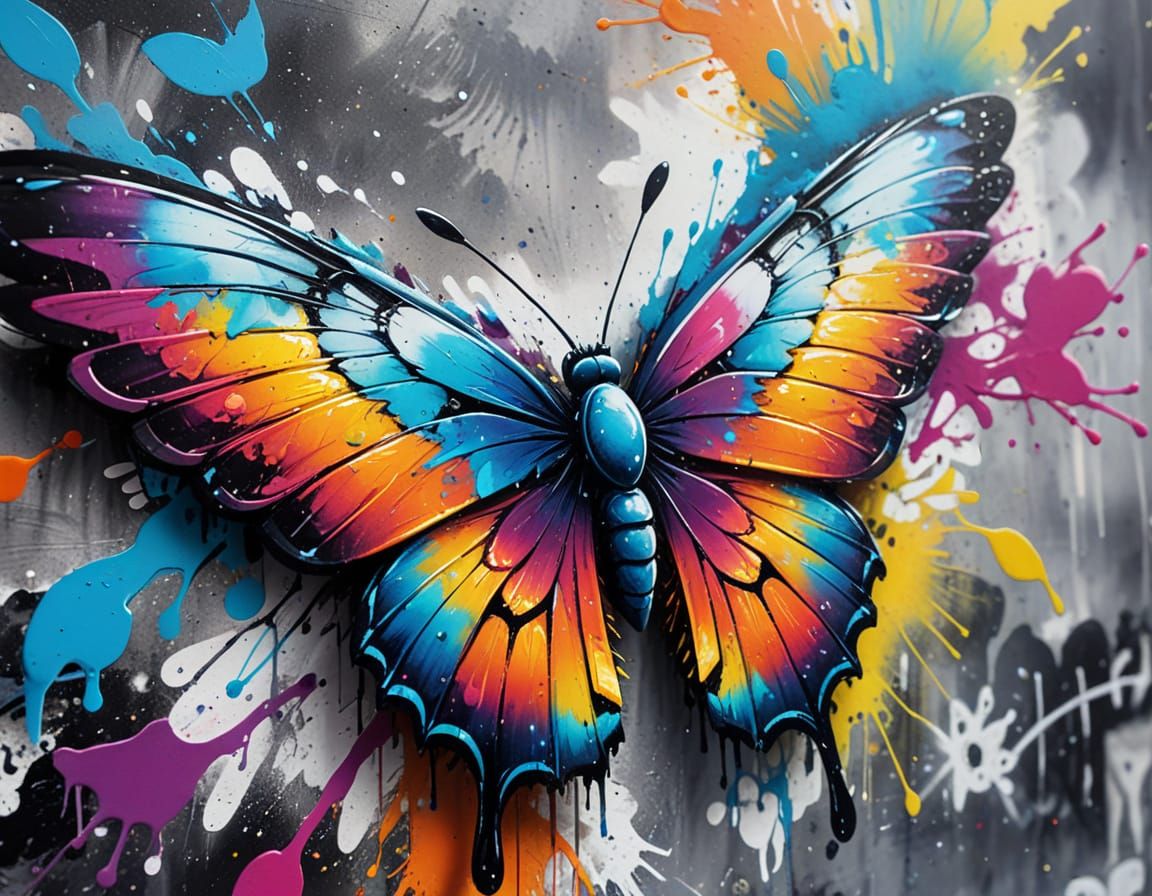 Butterfly House with Vibrant Street Art Wings