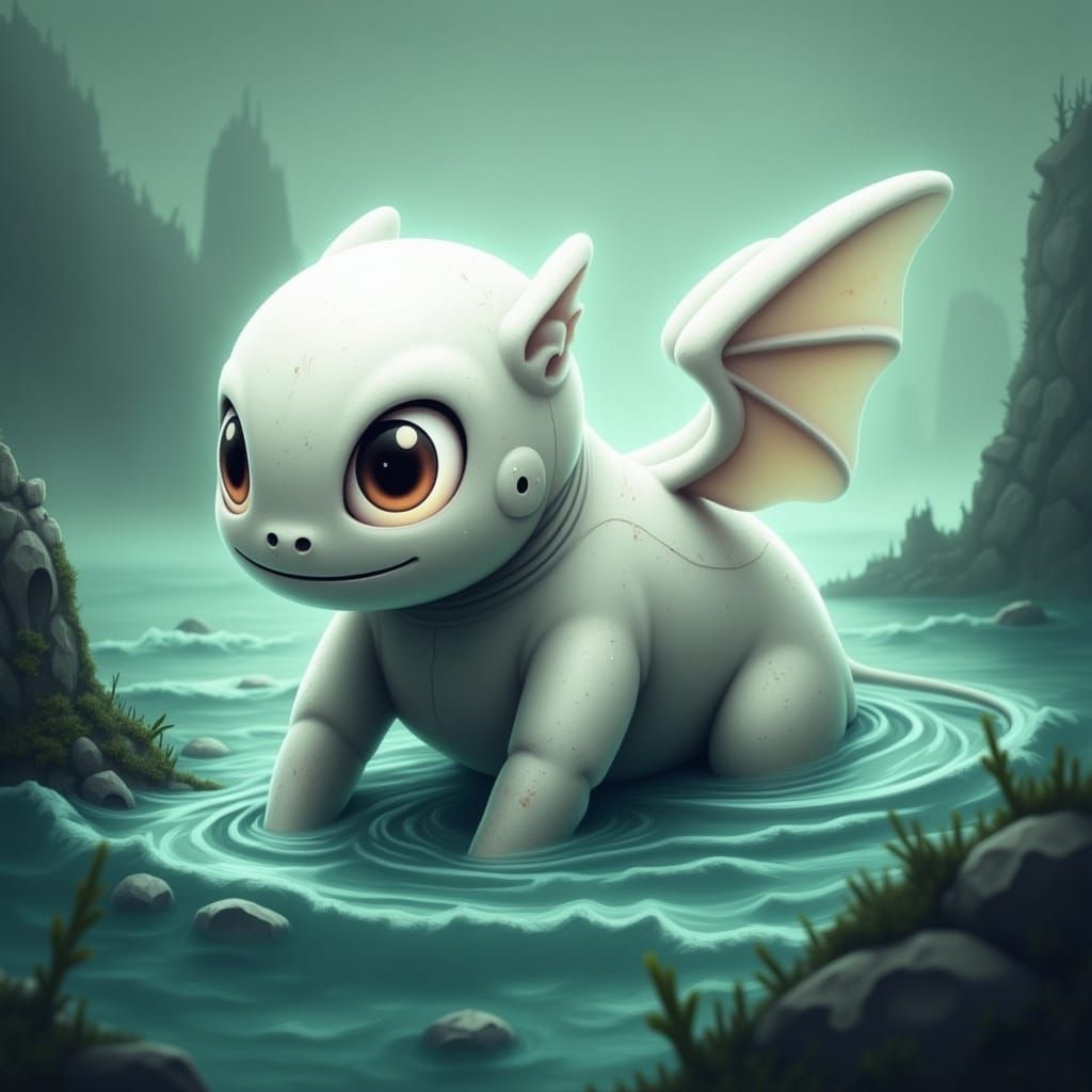 Dreamy White Creature Floating on Water: Fantasy Art