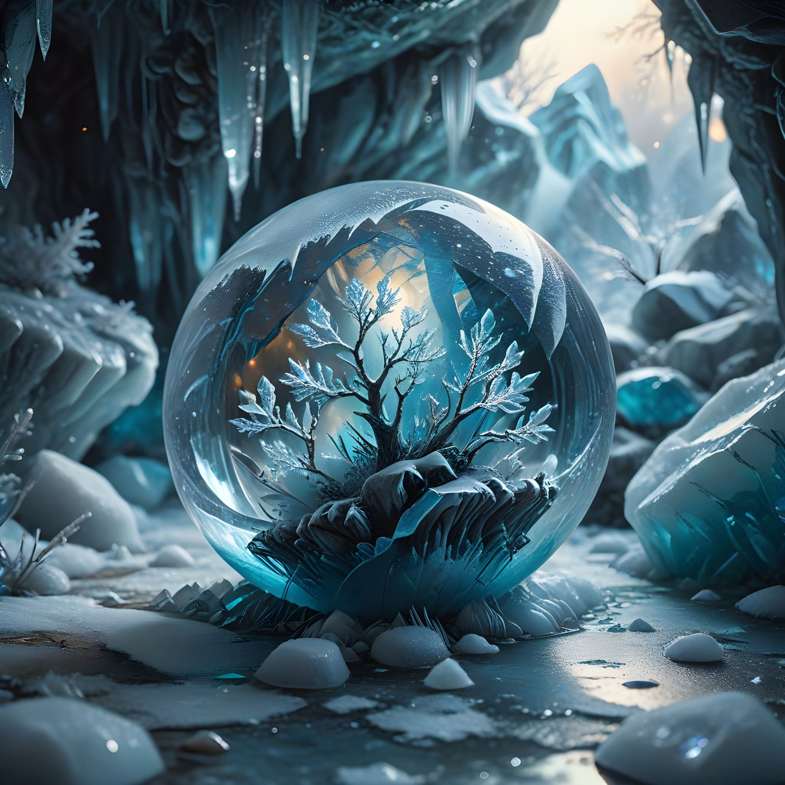 Glowing Forest Inside Crystal Orb in Ice Cave