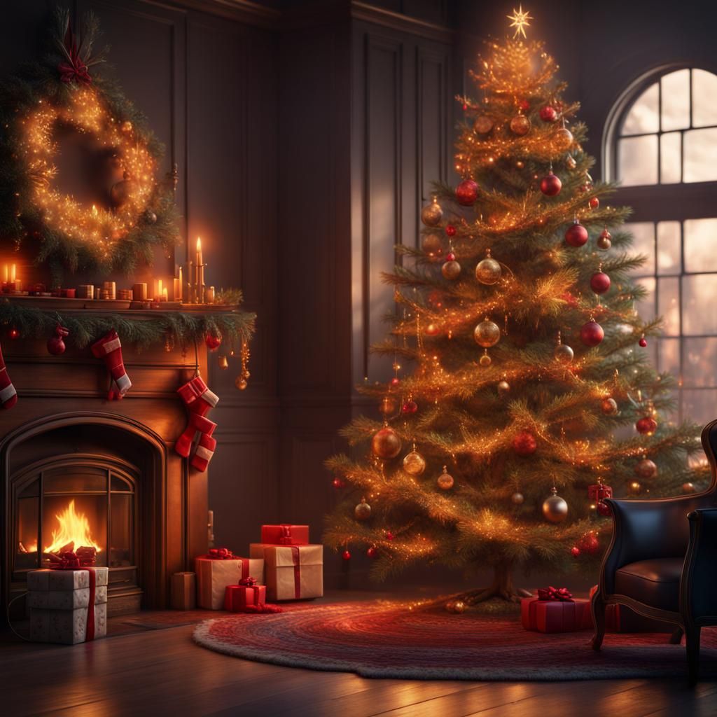 Christmas Tree Beside Fireplace: Fantasy Concept Art