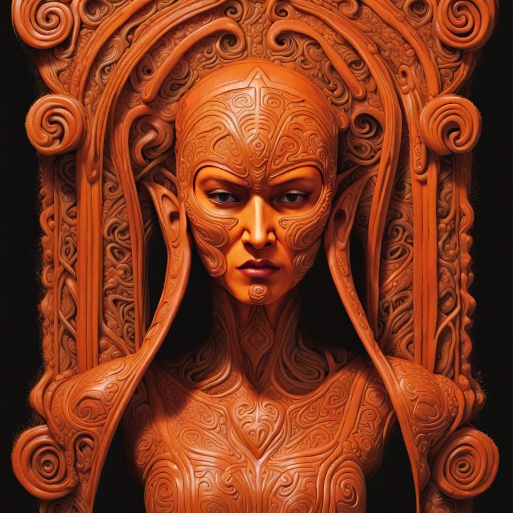 Eerie Woman with Orange Sculpture, Intricate Line Art