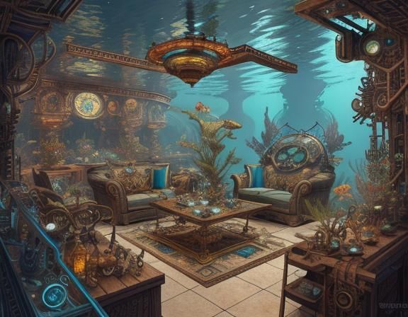 Underwater Steampunk Lab with Mermaids, Art Nouveau Style