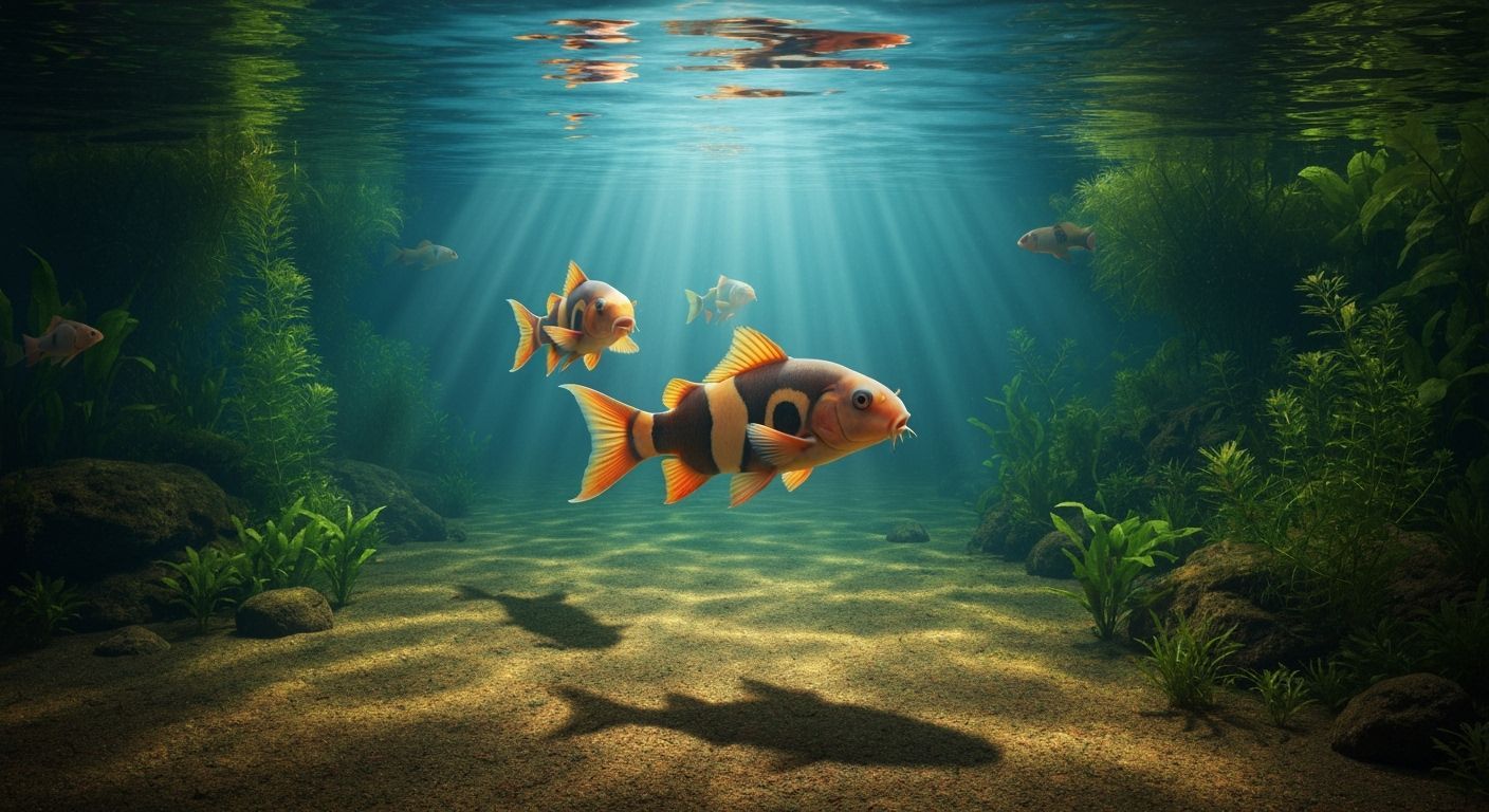 Clown Loaches in Pond: Dramatic Underwater Illustration