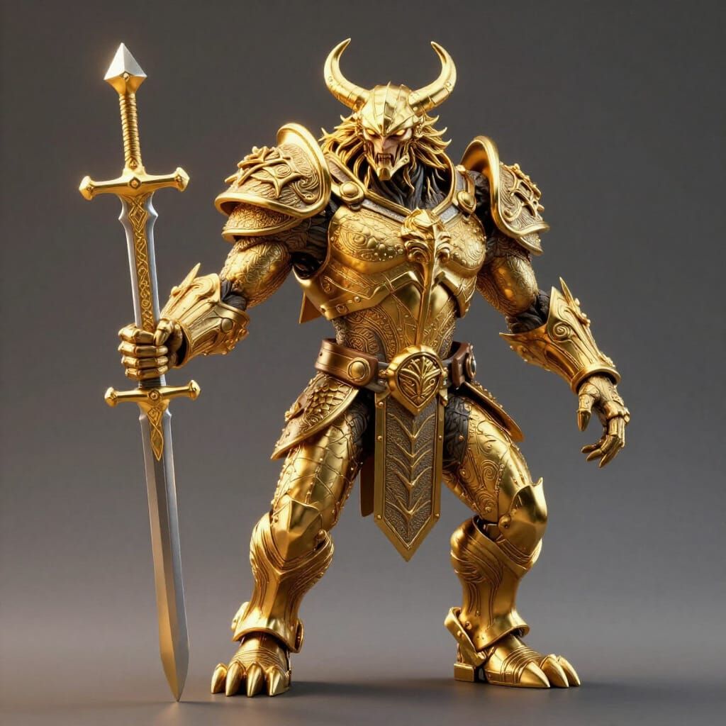 Epic Monster with Golden Sword in Photorealistic Style